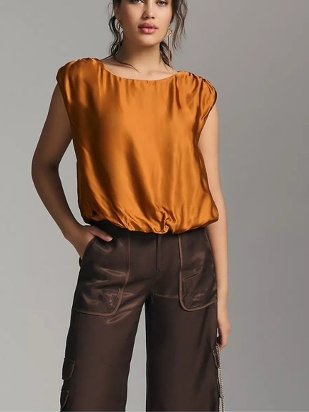 Anthropologie Satin Cap-Sleeve Blouson Top in Amber